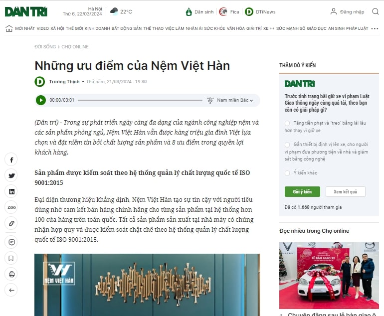 Read more about the article Những ưu điểm của Nệm Việt Hàn – Bí mật sẽ được bật mí bởi báo điện tử Dân Trí