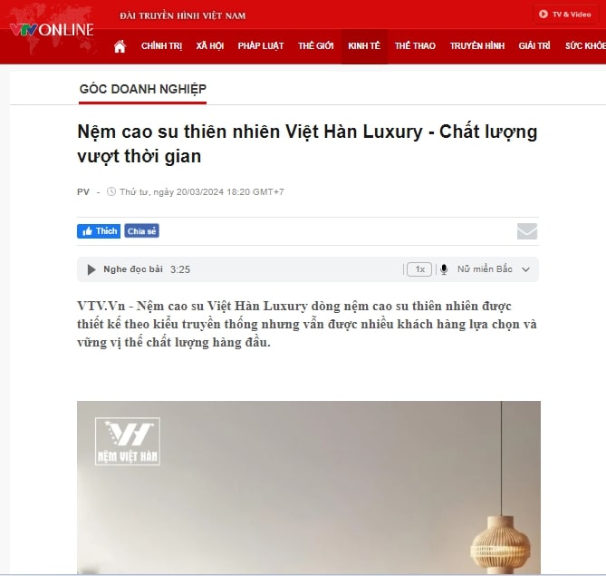 Read more about the article [VTV.Vn] Nệm cao su thiên nhiên Việt Hàn Luxury – Chất lượng vượt thời gian