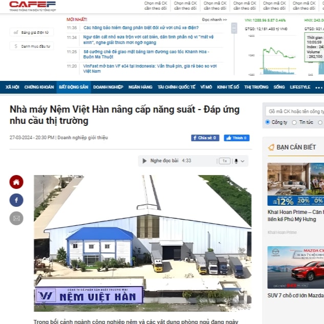 Read more about the article [Cafef.vn] Nhà máy Nệm Việt Hàn nâng cấp năng suất – Đáp ứng nhu cầu thị trường